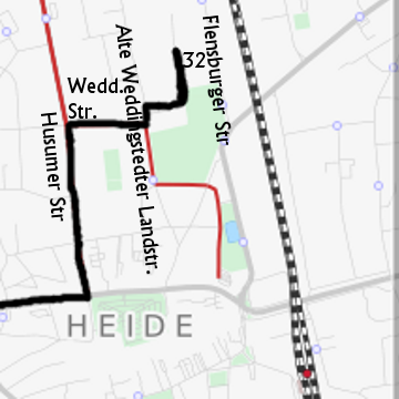 Anfahrtsdetail zum
Ferienhaus Uppe de Heid
in der Flensburger Stra0e 32,
25746 Heide